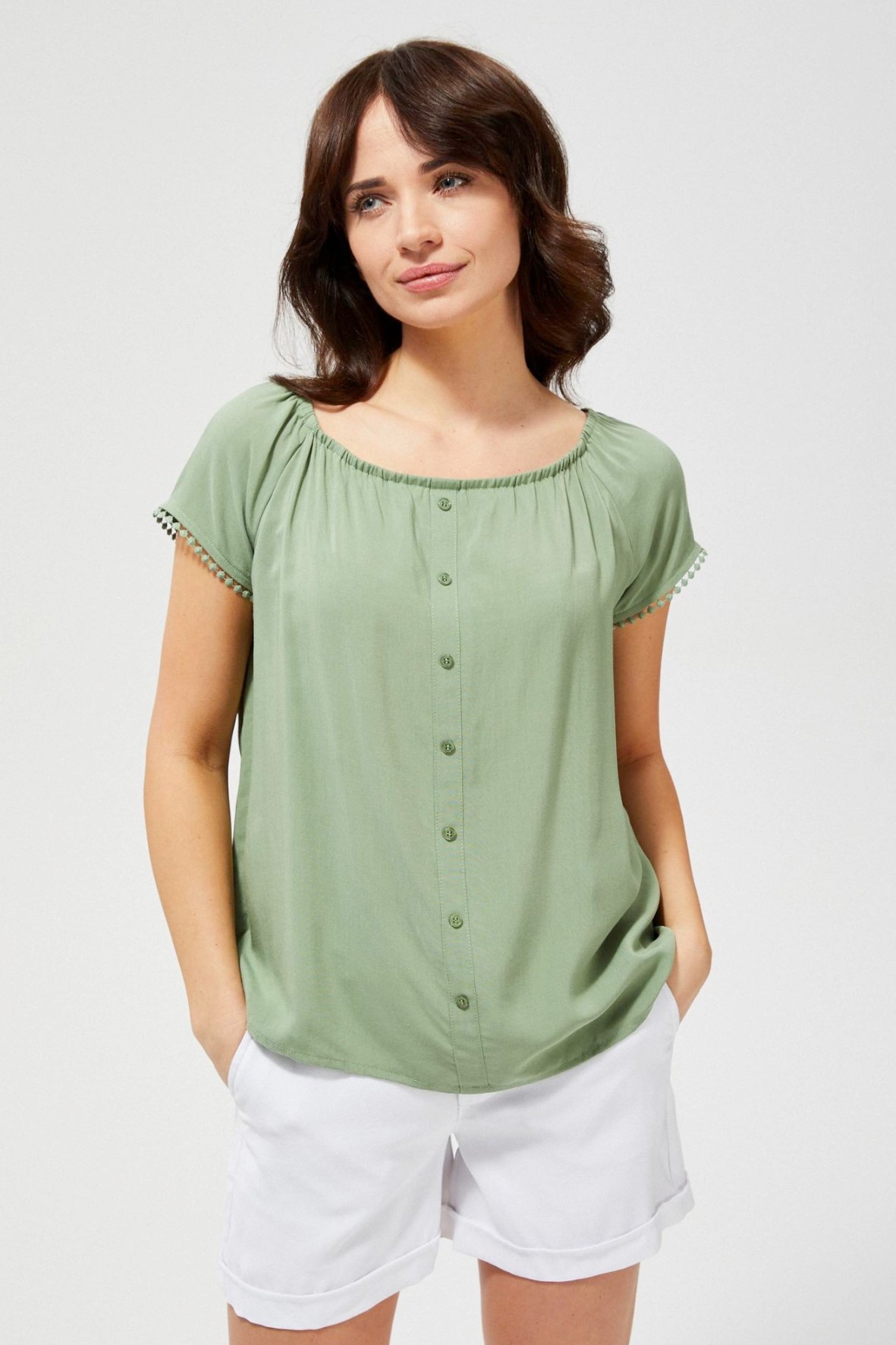 Bluzka damska koszulowa z ozdobnymi rękawami oliwkowa