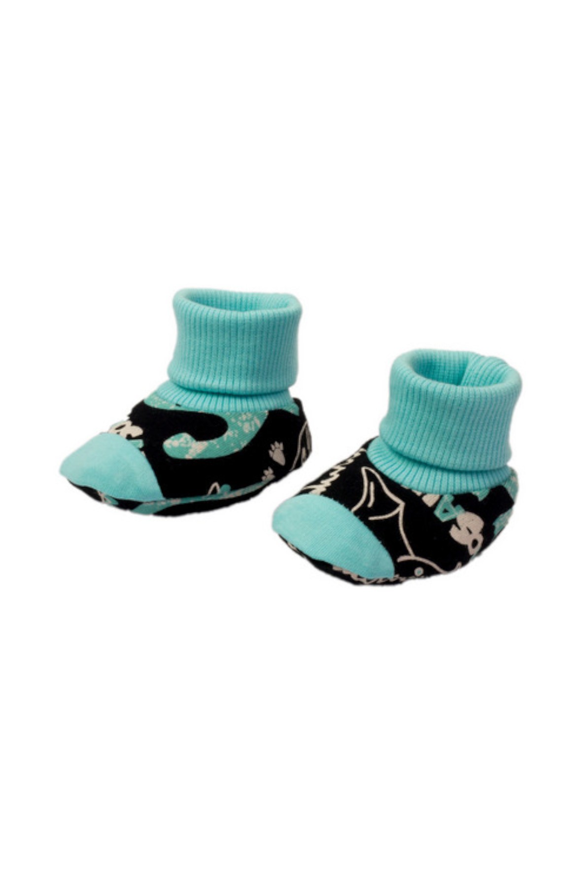 Czarne butki niemowlęce z motywem duinozaurów w turkusowej kolorystyce