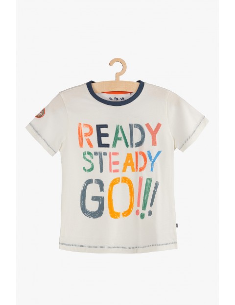 T-shirt chłopięcy z kolorowym napisem "Ready, steady, go!"