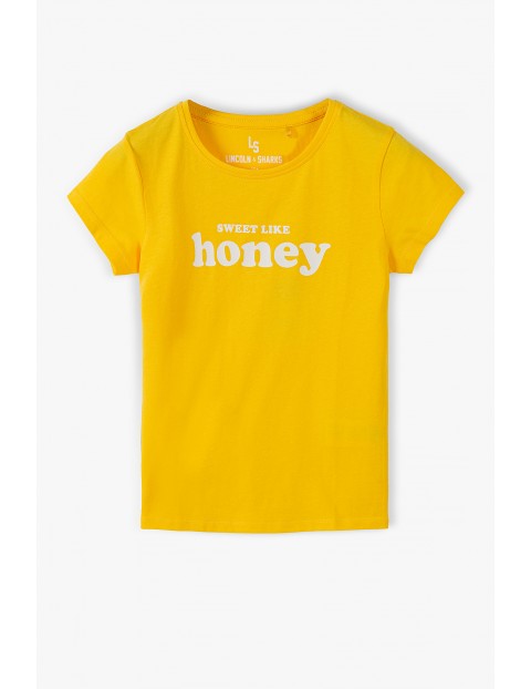 Żółty bawełniany t- shirt dziewczęcy z napisem - Sweet like honey