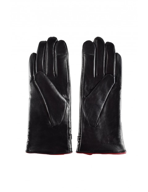 Rękawiczki damskie skórzane antybakteryjne - czarne z czerwoną wstawką