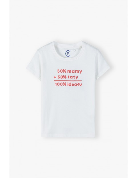 Bawełniany t-shirt dziewczęcy z miekkim nadrukiem - 50% mamy 50% taty 100% ideału