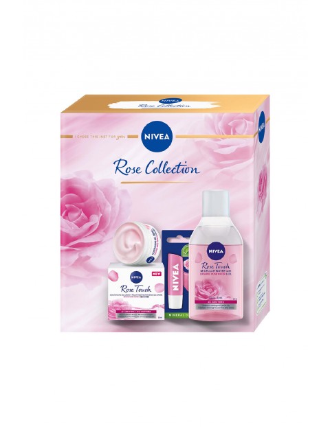 Zestaw XMAS NIVEA Rose Collection  (nawilżający żel-krem z organiczną wodą różaną i kwasem hialuronowym 50ml + micelarny płyn dwufazowy z olejkiem 400ml + pielęgnująca pomadka do ust Soft Rose 4,8g)