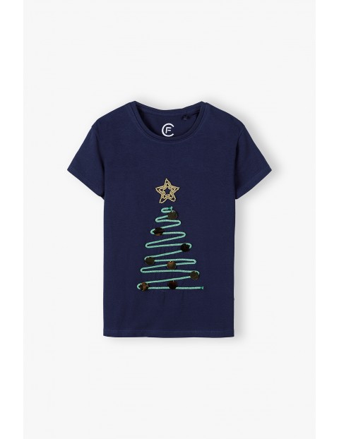 Granatowy świąteczny t-shirt dziewczęcy  z choinką 