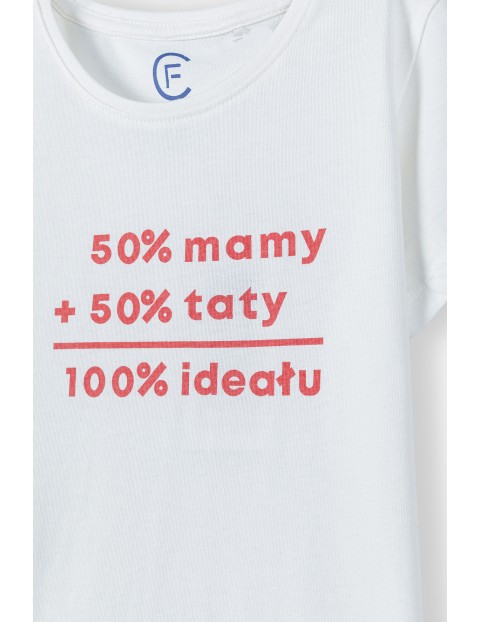 Bawełniany t-shirt dziewczęcy z miekkim nadrukiem - 50% mamy 50% taty 100% ideału