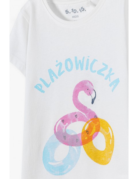 Dzianinowy T-shirt dziewczęcy biały - Plażowiczka