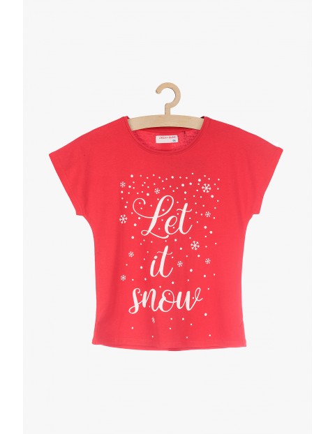 Czerwony t-shirt dla dziewczynki z napisem Let it snow