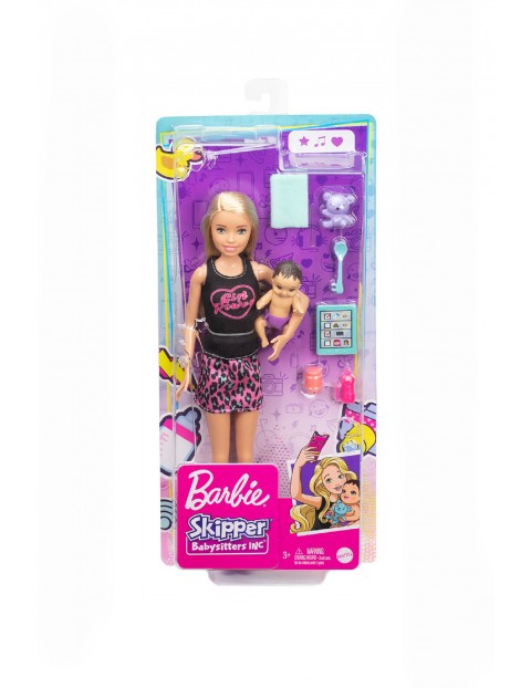 Barbie Opiekunka Lalka blondynka + bobas + akcesoria wiek 3+