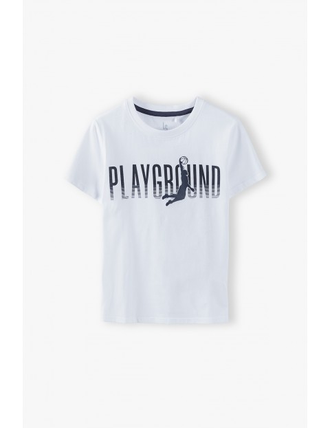 Bawełniany t-shirt chłopięcy biały z napisem- Playground