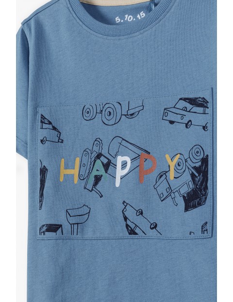 Bawełniany t-shirt chłopięcy z materiałową aplikacją HAPPY