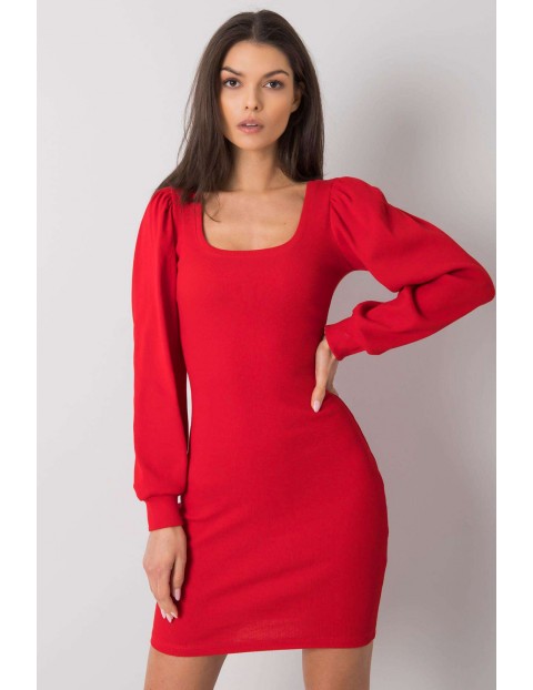 Czerwona sukienka z długimi bufiastymi rękawami RUE PARIS 