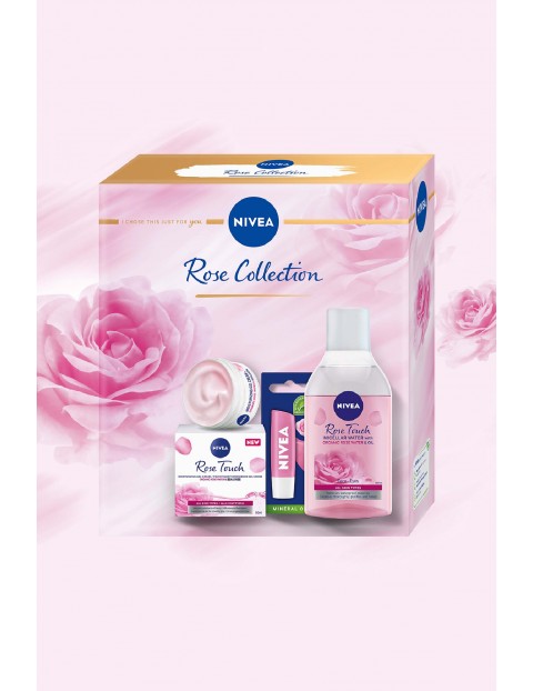 Zestaw XMAS NIVEA Rose Collection  (nawilżający żel-krem z organiczną wodą różaną i kwasem hialuronowym 50ml + micelarny płyn dwufazowy z olejkiem 400ml + pielęgnująca pomadka do ust Soft Rose 4,8g)