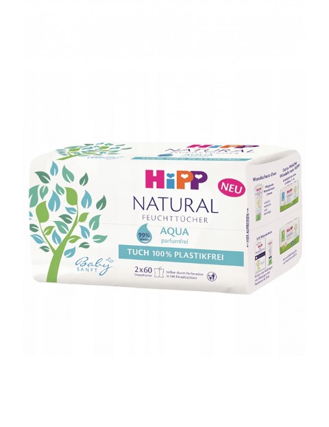 Chusteczki pielęgnacyjne HiPP Babysanft Natural Aqua ULTRA-SENSITIVE, od 1. dnia życia, 2x60 szt.