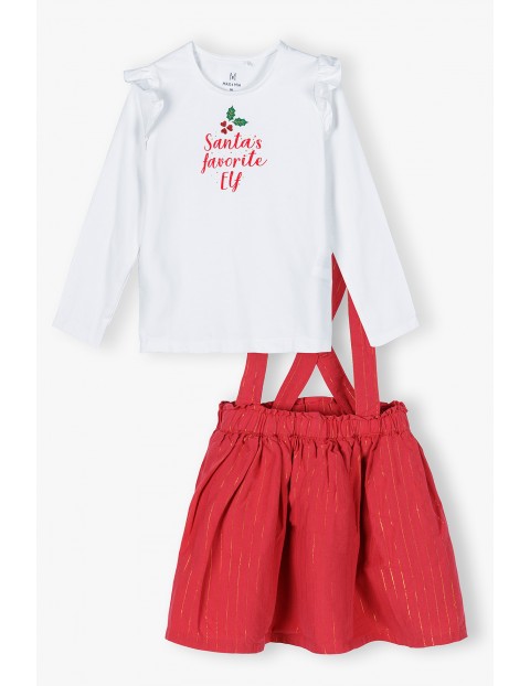 Świąteczny komplet dziewczęcy- biała bluzka +  czerwona spódniczka na szelki