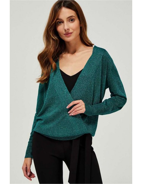 Sweter damski z zielony metaliczną nitką