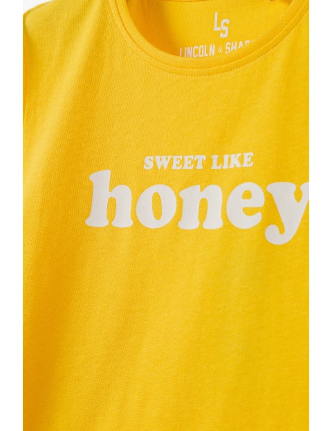 Żółty bawełniany t- shirt dziewczęcy z napisem - Sweet like honey