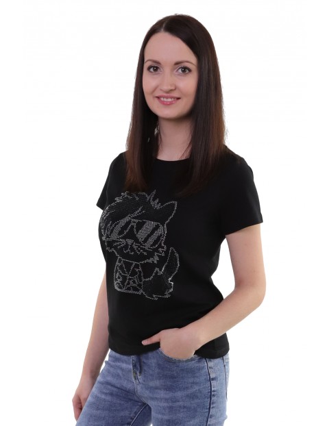 T-shirt damski czarny- cekinowy kot