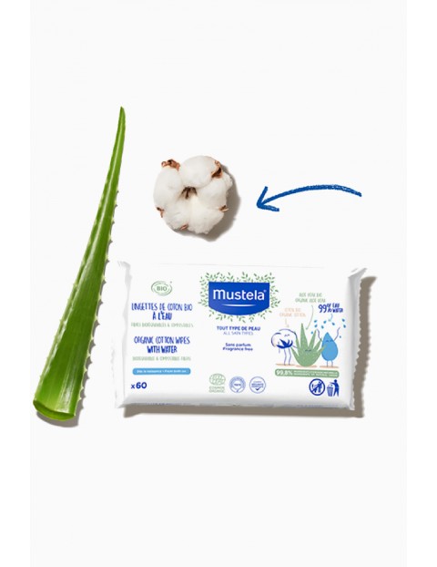 Mustela Chusteczki BIO z organicznej bawełny z wodą 60 sztuk