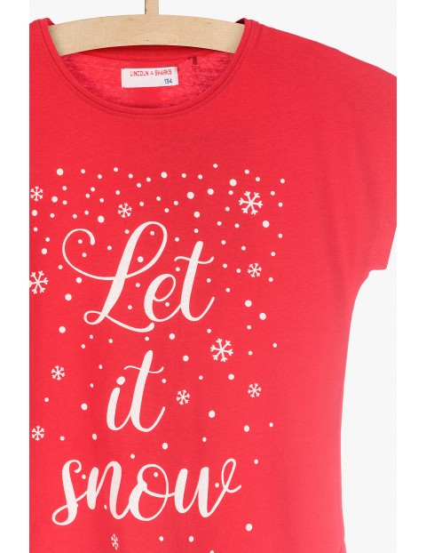 Czerwony t-shirt dla dziewczynki z napisem Let it snow