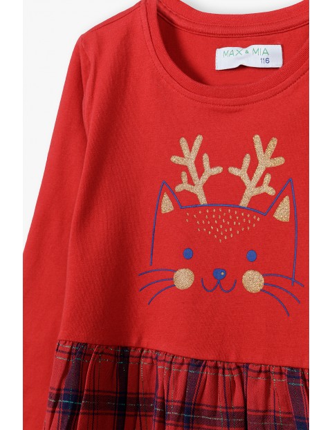 Czerwona sukienka dziewczęca - świąteczna z kotkiem