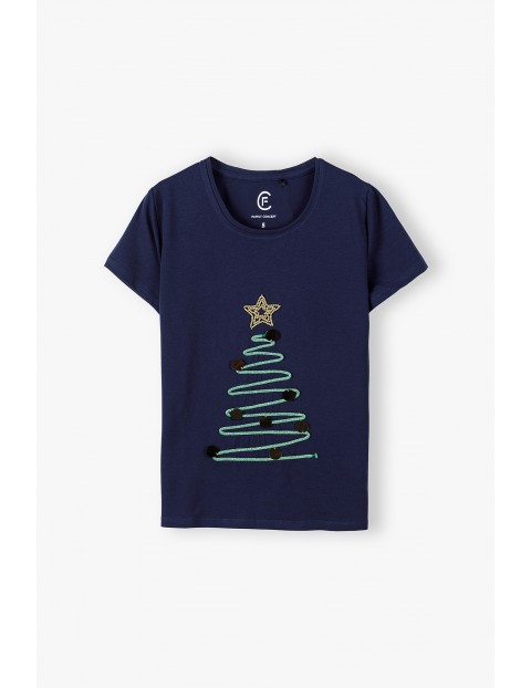 Granatowy świąteczny t-shirt damski z choinką 