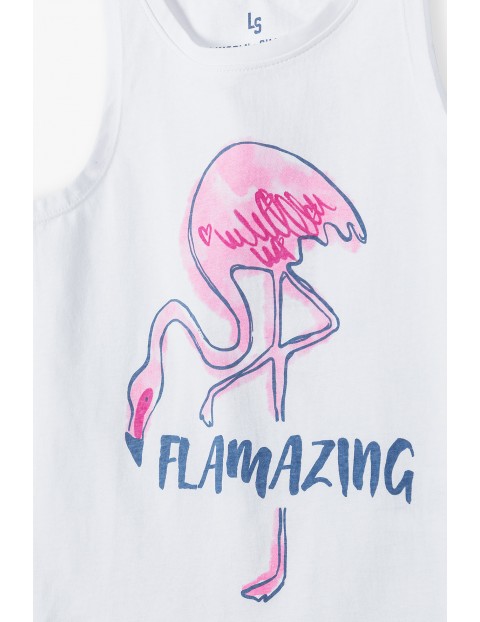 Bawełniany T-shirt dla dziewczynki - biały z flamingiem