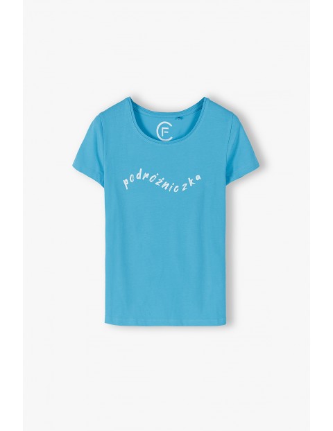 Niebieski T- shirt damski z napisem Podróżniczka- ubrania dla całej rodziny