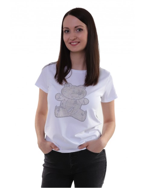 T-shirt damski biały z cekinowym misiem