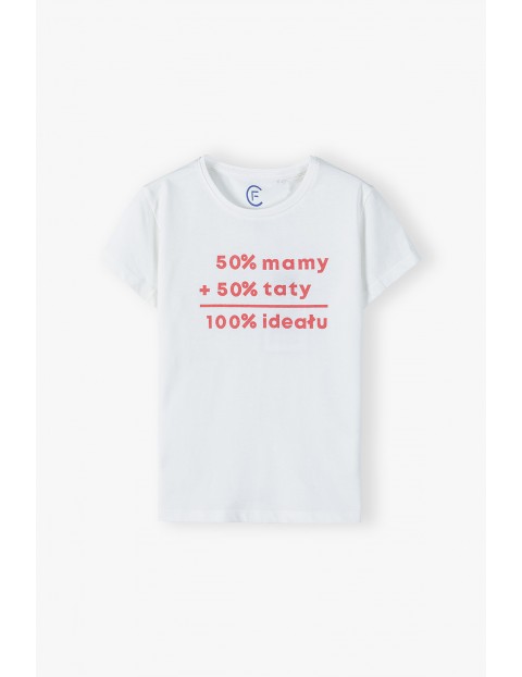 Bawełniany t-shirt dziewczęcy z nadrukiem - 50% mamy 50% taty 100% ideału