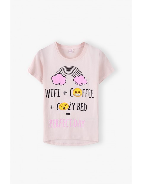 Bawełniany t-shirt damski WiFi + COFFE = COZY BED - różowy 