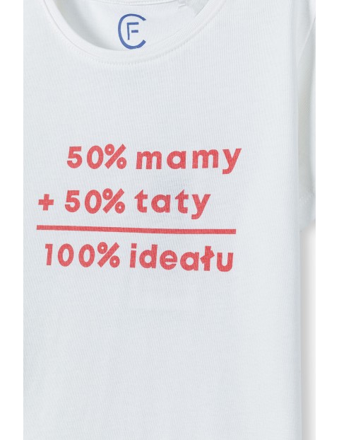 Bawełniany t-shirt dziewczęcy z nadrukiem - 50% mamy 50% taty 100% ideału