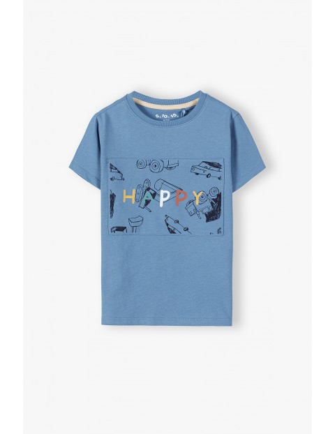 Bawełniany t-shirt chłopięcy z materiałową aplikacją HAPPY