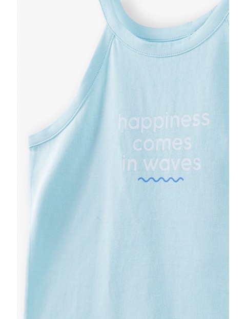 T- shirt dziewczęcy z napisem Happiness Comes In Waves - niebieski