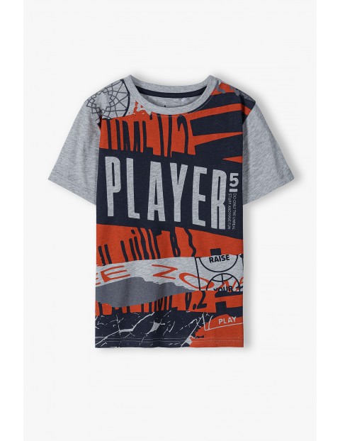 T-shirt chłopięcy w kolorze szarym z mlodzieżowym nadrukiem Player