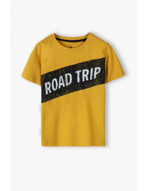 Bawełniany t-shirt chłopięcy żółty z napisem- Road Trip