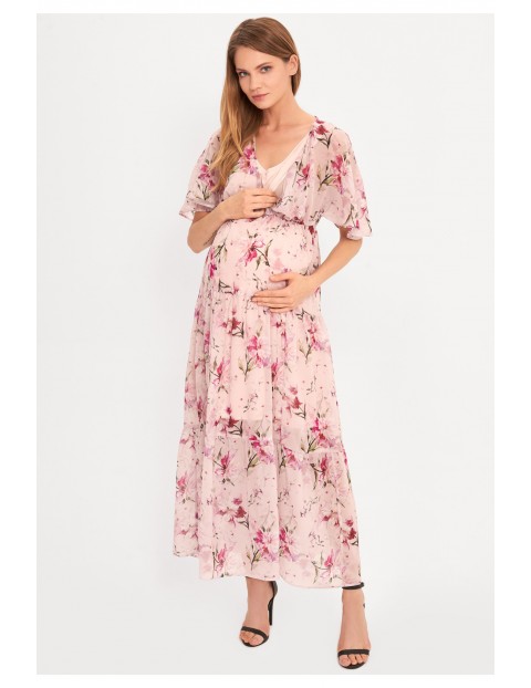 Sukienka ciążowa i dla karmiącej mamy Maxi- różowa w kwiaty 