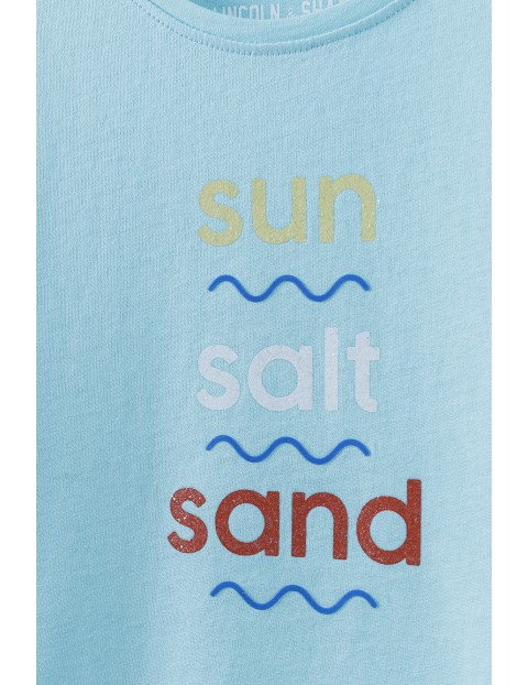 T- shirt dziewczęcy z napisem Sun Salt Sand - niebieski